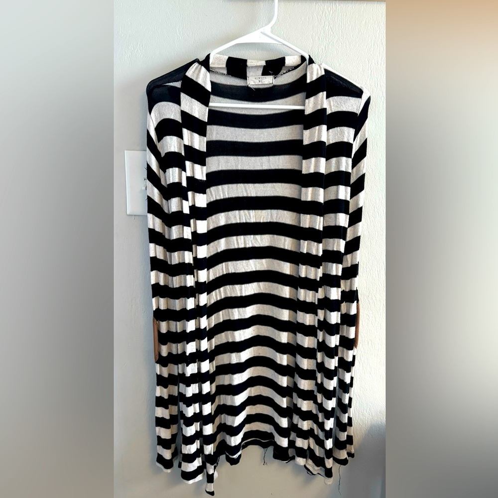 Black and White Striped Long Cardigan with Elbow Patches
